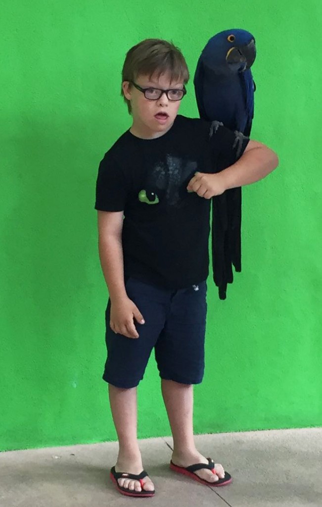 Ein Junge steht vor einer Wand, mit einem großen Papagei auf der Schulter.