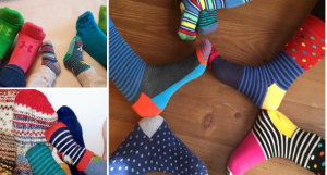 Fotocollage von Füßen in verschiedenen bunten Socken